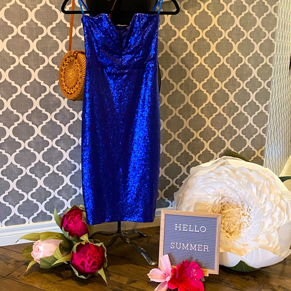 Electric blue strapless sequin dress